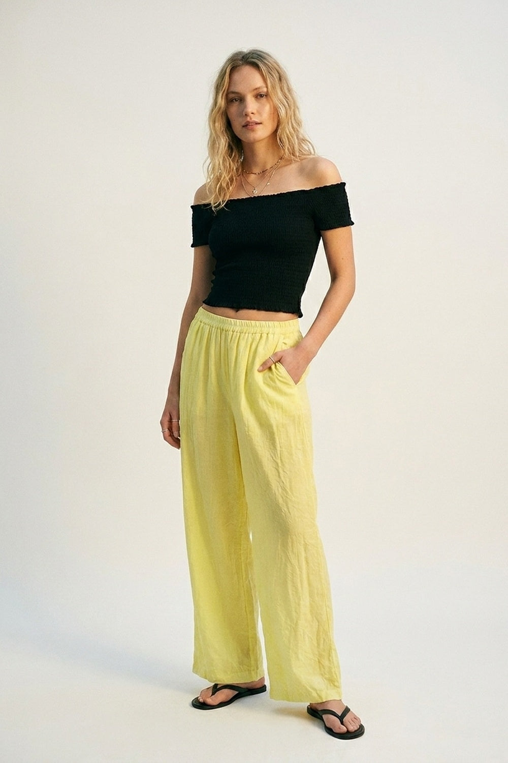 Yellow Wide-Leg Pants with sheer fabric