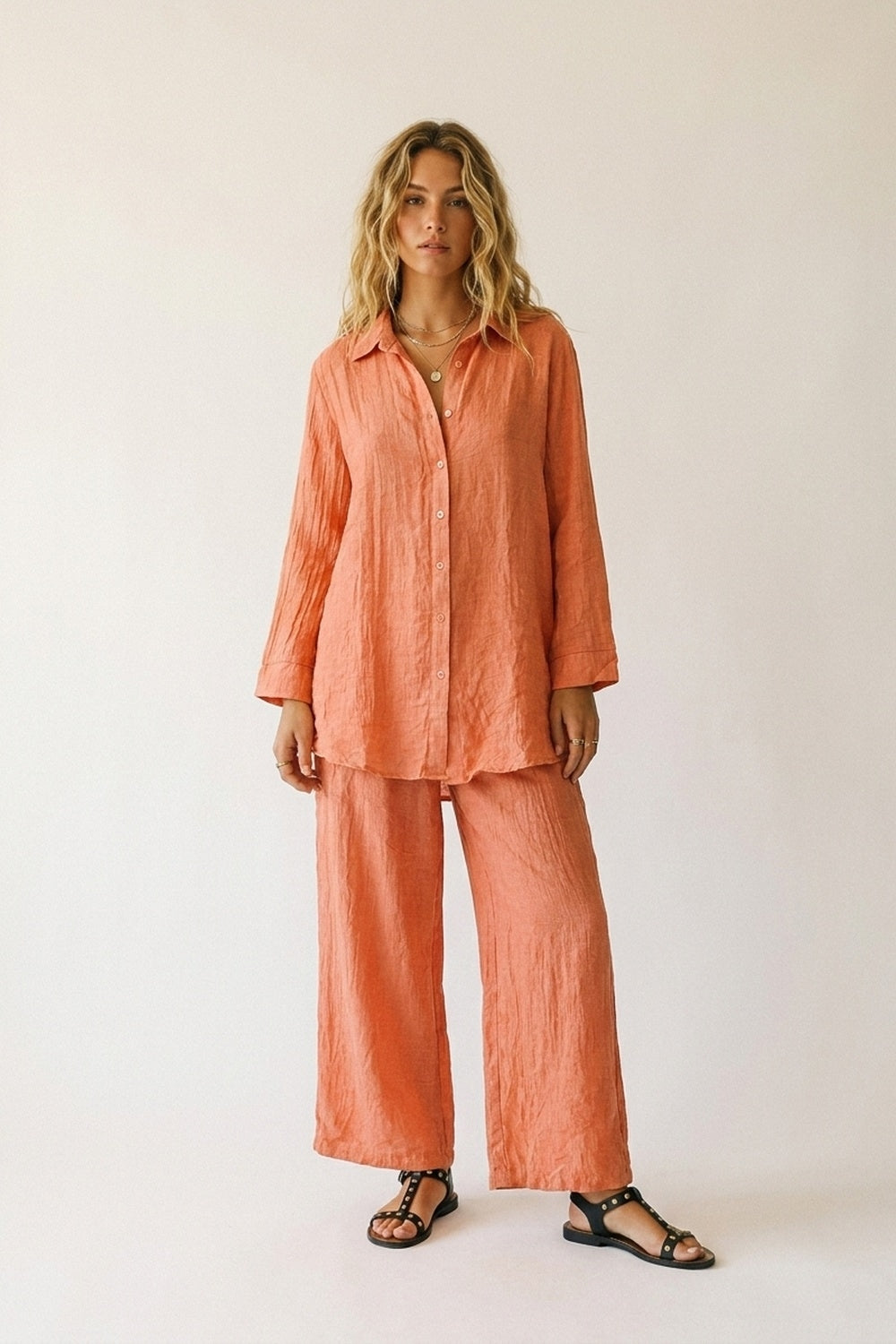 Coral Button-Down Shirt Tunic with sheer Crinkled fabric