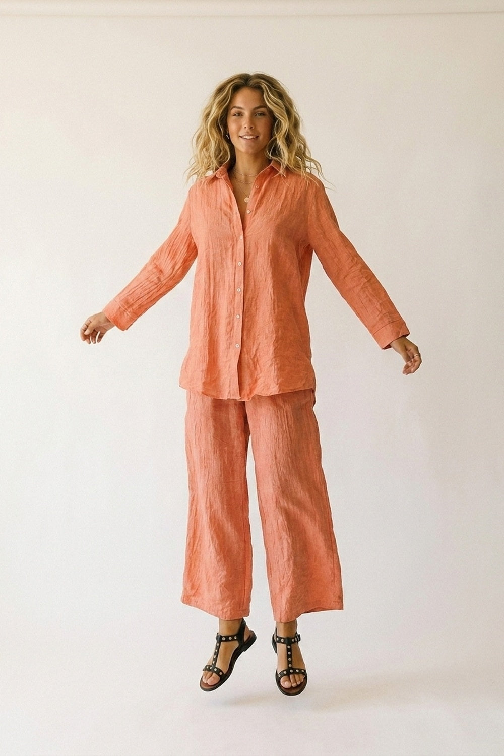 Coral Button-Down Shirt Tunic with sheer Crinkled fabric