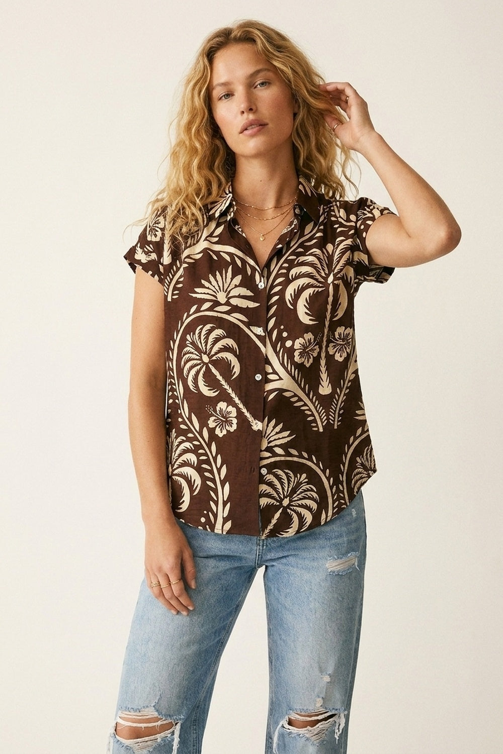 Brown Tropical Print Short Sleeve Button-Up shirt