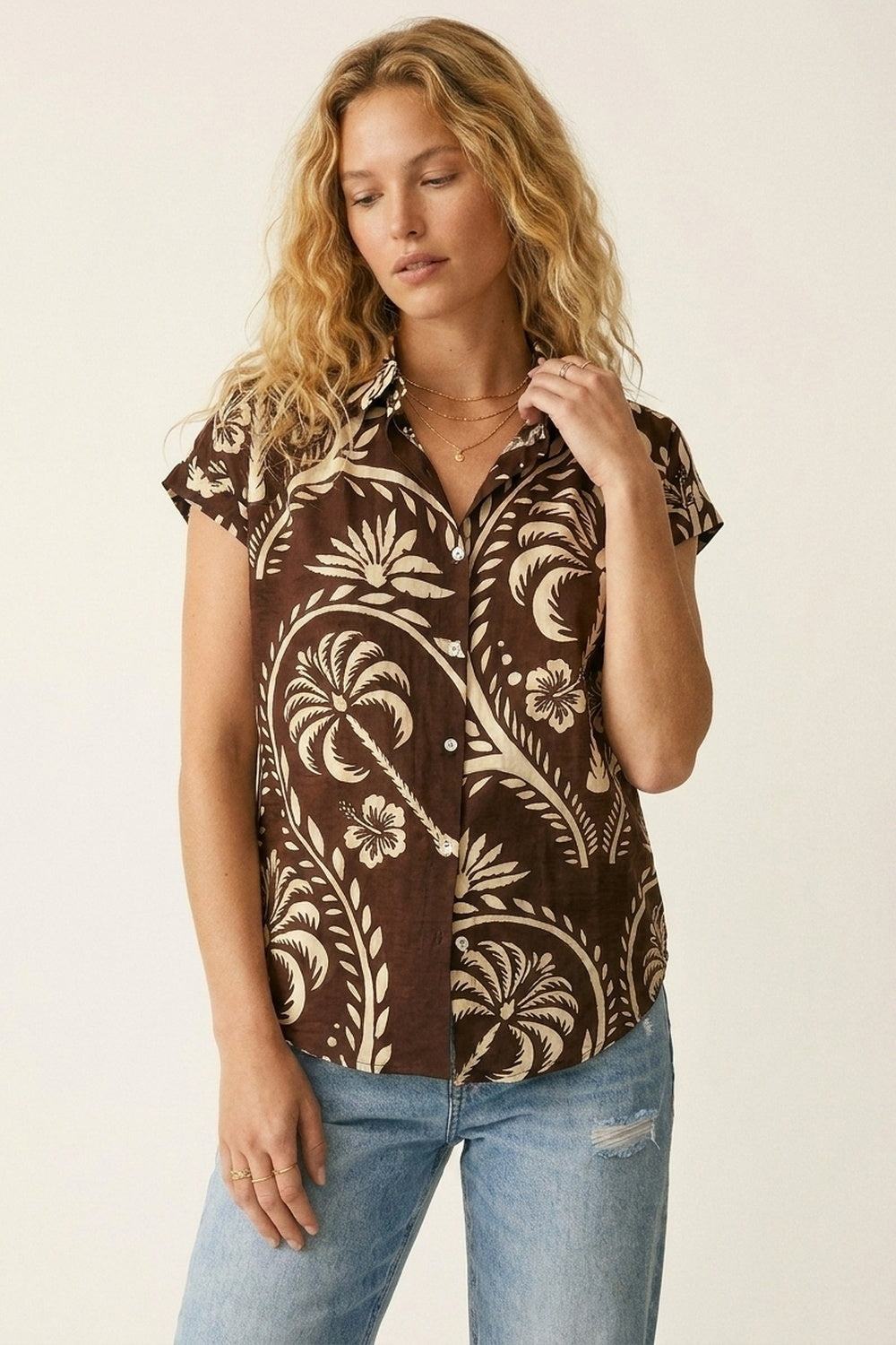 Brown Tropical Print Short Sleeve Button-Up shirt