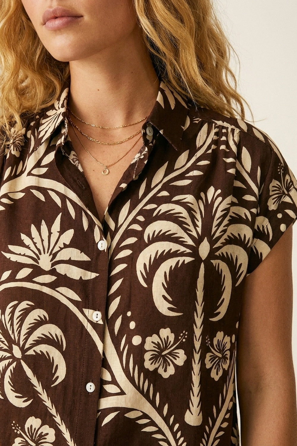 Brown Tropical Print Short Sleeve Button-Up shirt