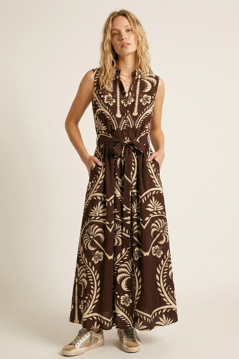 UNIKCOSA Brown Printed Maxi Dress with Belted Waist