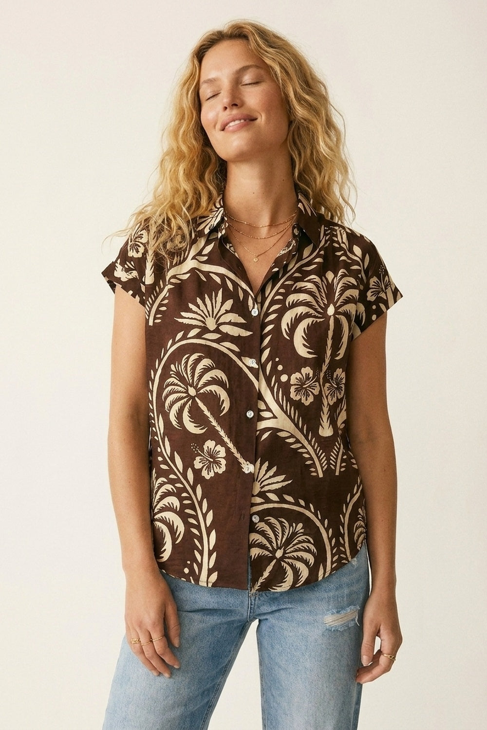 Brown Tropical Print Short Sleeve Button-Up shirt