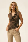 Brown Sleeveless Draped Top With gold Metal Decor