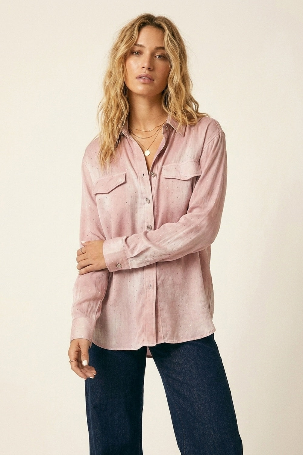 Pink chiffon Shirt with strass details and Chest Pockets