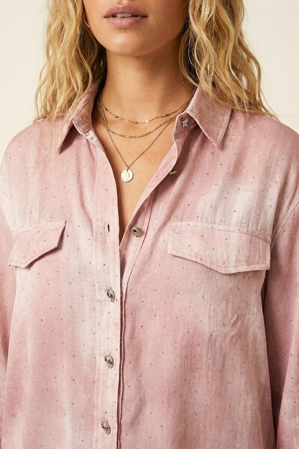 Pink chiffon Shirt with strass details and Chest Pockets