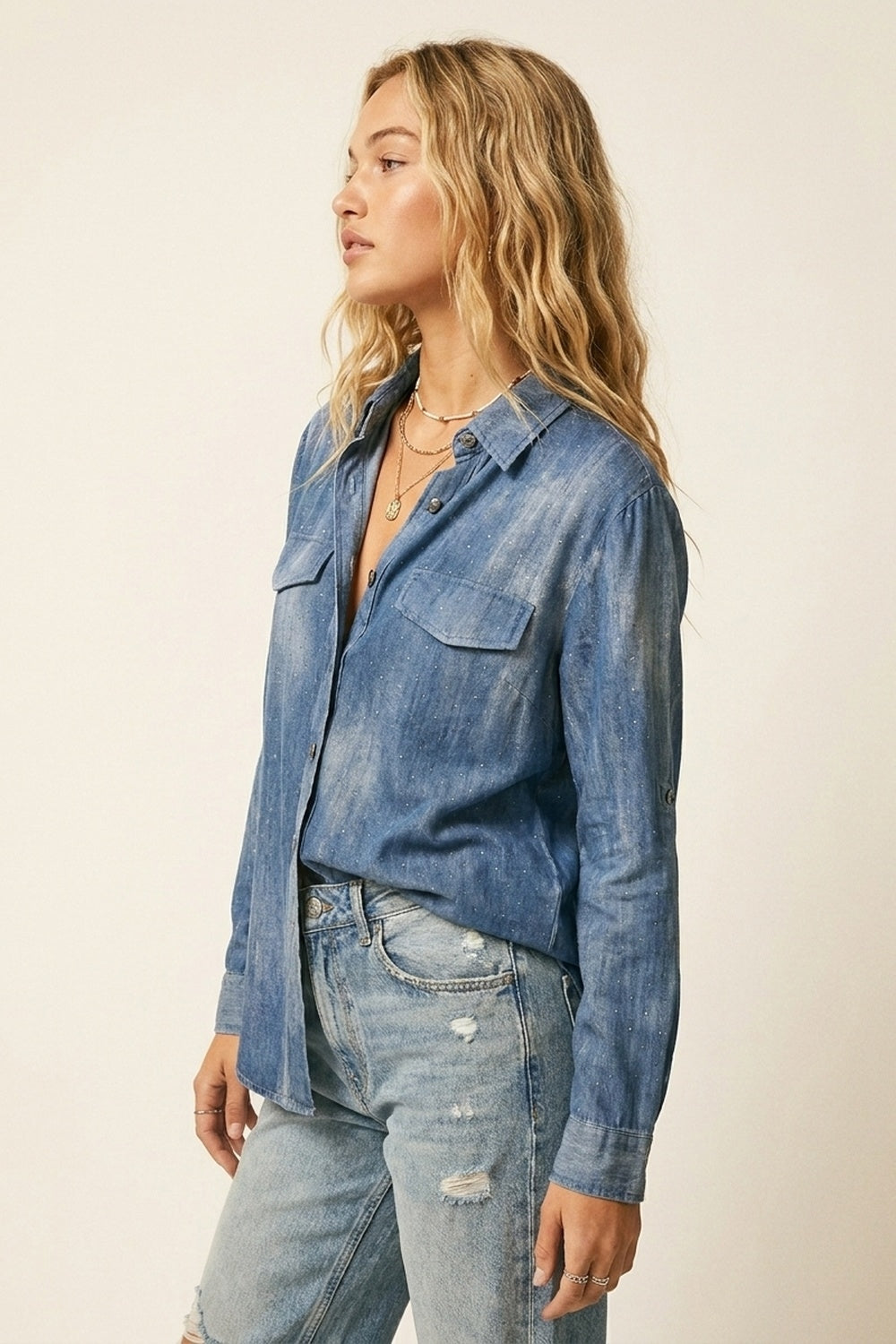 Blue tie dye Shirt in chiffon with strass details