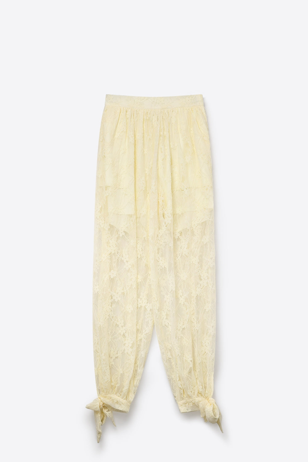 Cream Floral Lace Sheer Tie Hem Relaxed Fit Pants