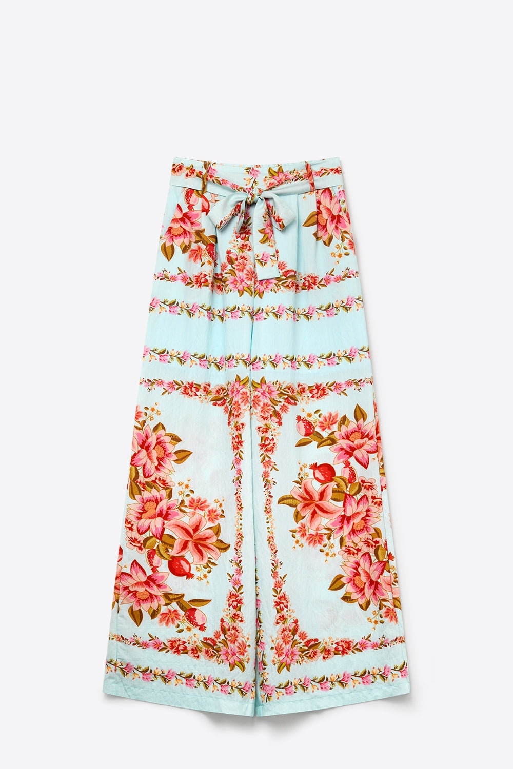 Light Blue Floral Print Cotton Tie Waist Wide Leg Pants