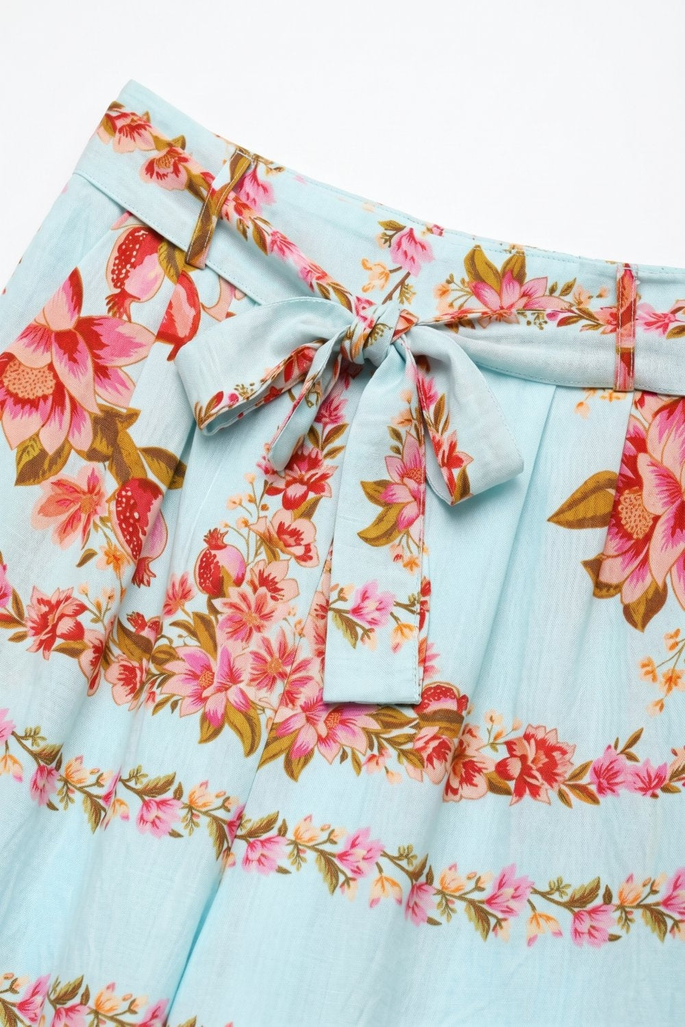 Light Blue Floral Print Cotton Tie Waist Wide Leg Pants
