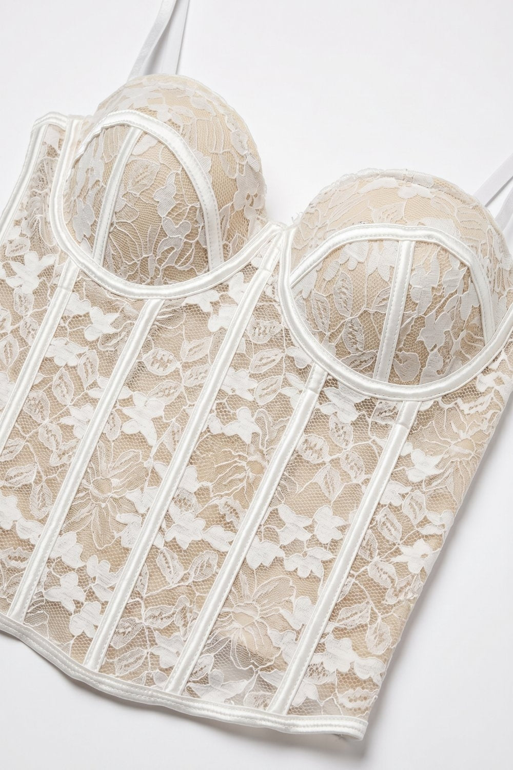 UNIKCOSA White Floral Lace Sheer Boned Corset Fitted Bustier Bodysuit