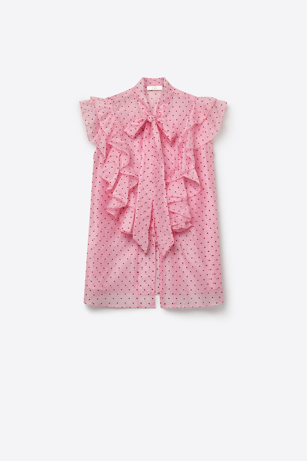 Light Pink Polka-Dot Chiffon Ruffle Bow Tie Sleeveless Blouse