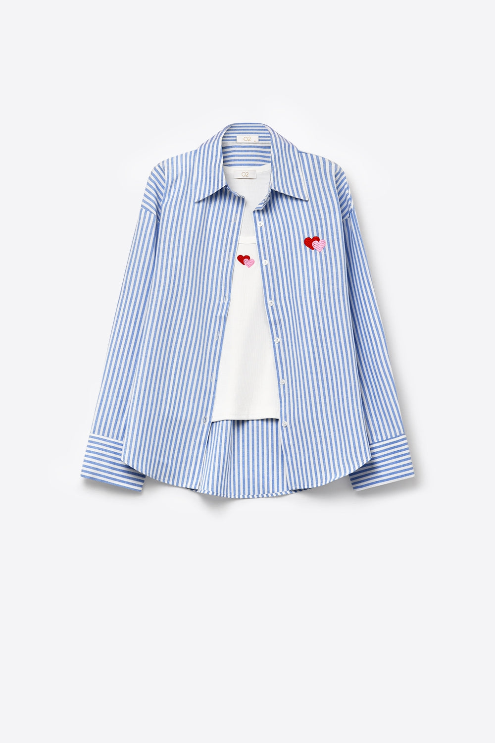Blue Stripe Cotton Embroidered Heart Set t-shirt and shirt 2 pieces