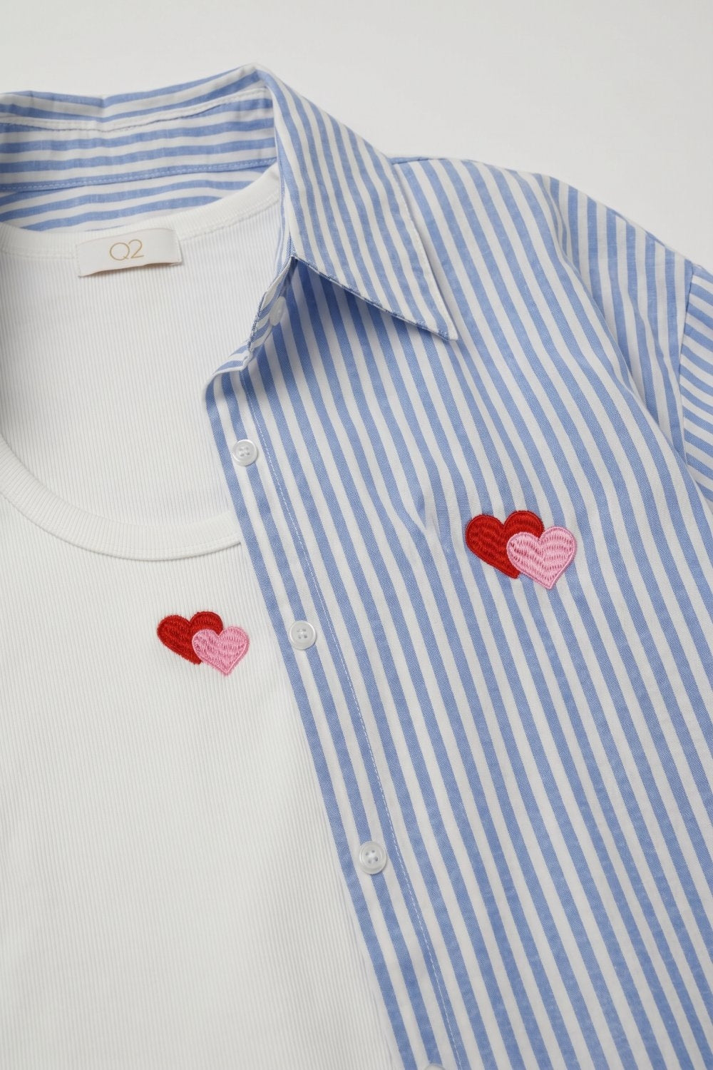 Blue Stripe Cotton Embroidered Heart Set t-shirt and shirt 2 pieces