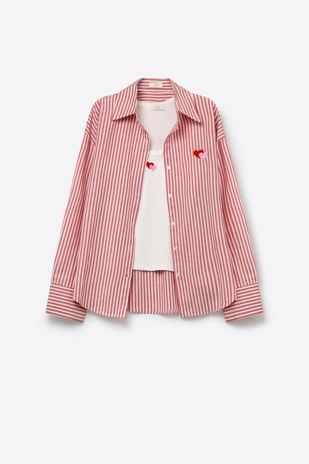 Red Stripe Cotton Embroidered Heart Set t-shirt and shirt 2 pieces