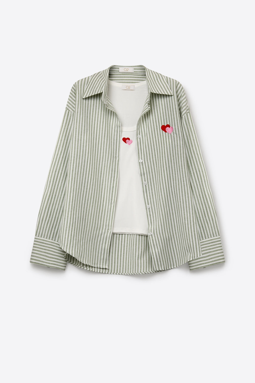 green Stripe Cotton Embroidered Heart Set t-shirt and shirt 2 pieces
