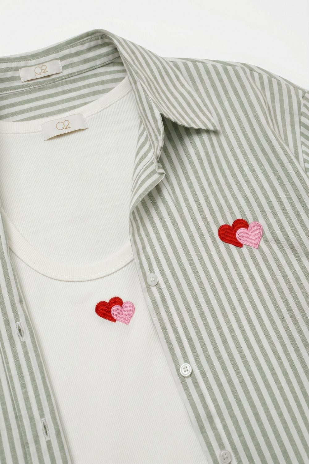 green Stripe Cotton Embroidered Heart Set t-shirt and shirt 2 pieces