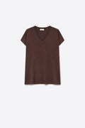 Brown Fine Knit V-Neck Short Sleeve Sweater