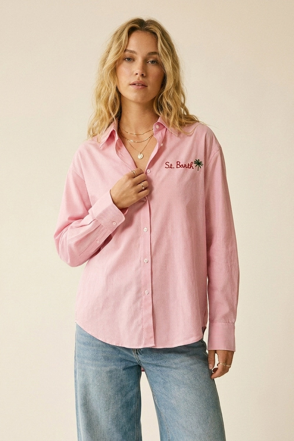 pink Button-Up striped Shirt with Embroidered Detail St Barth