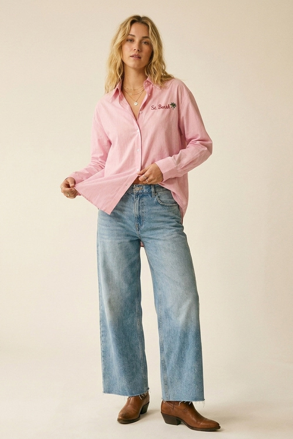 pink Button-Up striped Shirt with Embroidered Detail St Barth
