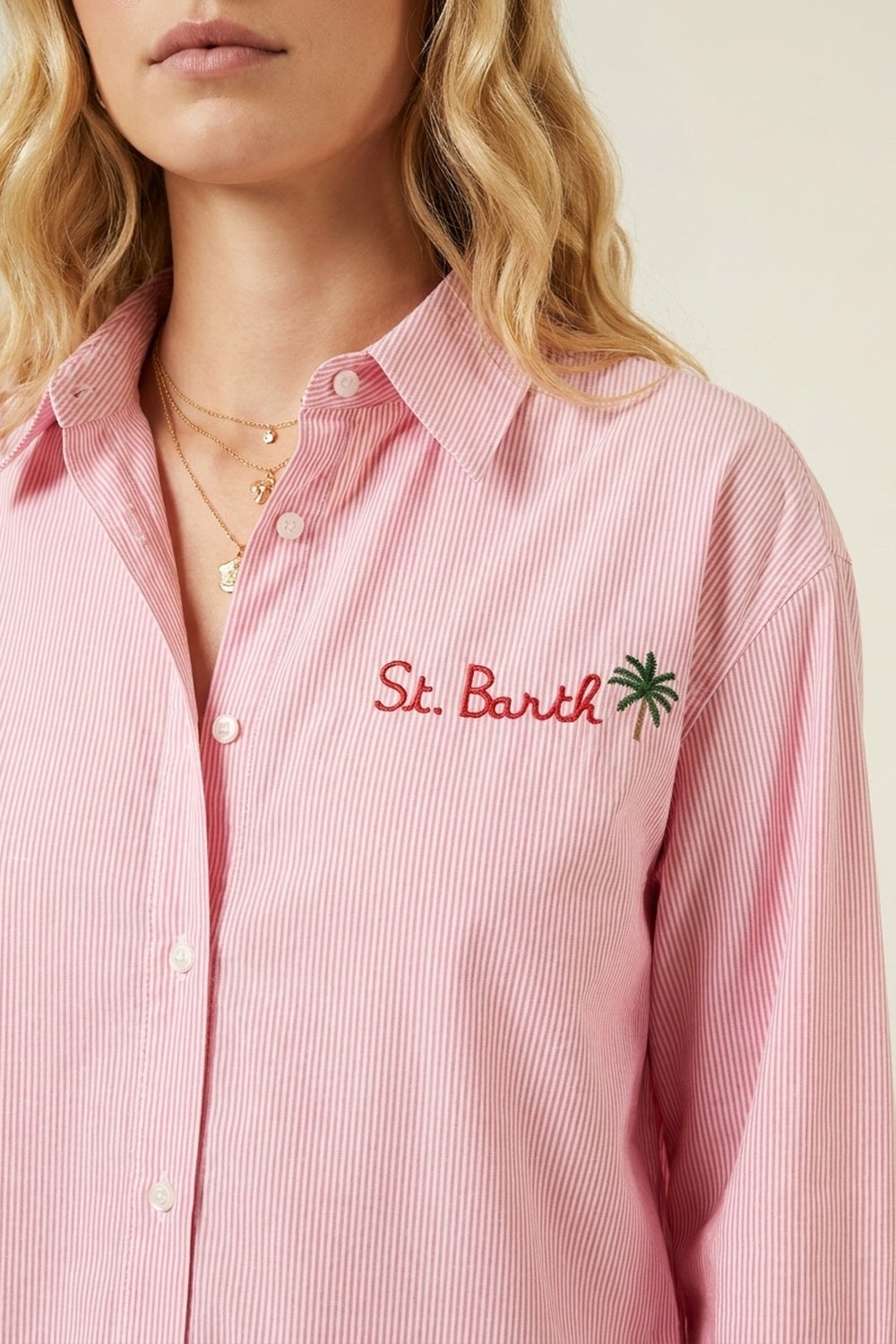 pink Button-Up striped Shirt with Embroidered Detail St Barth