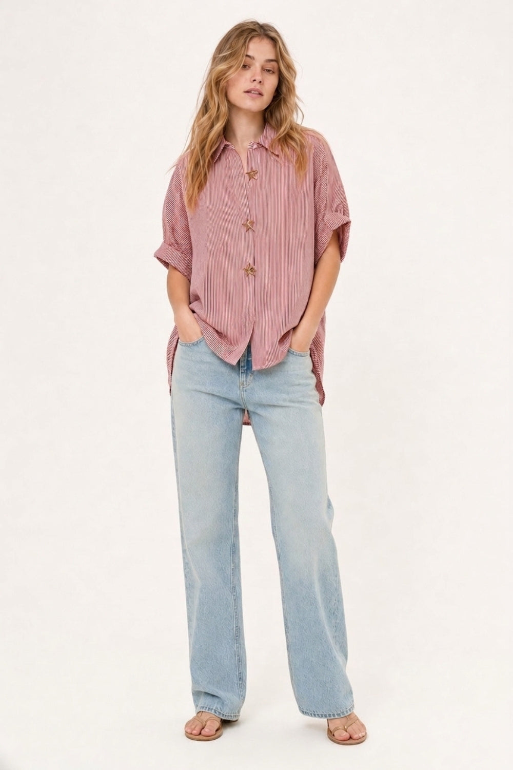 Pink Oversized Striped Poplin Shirt with Starfish Buttons