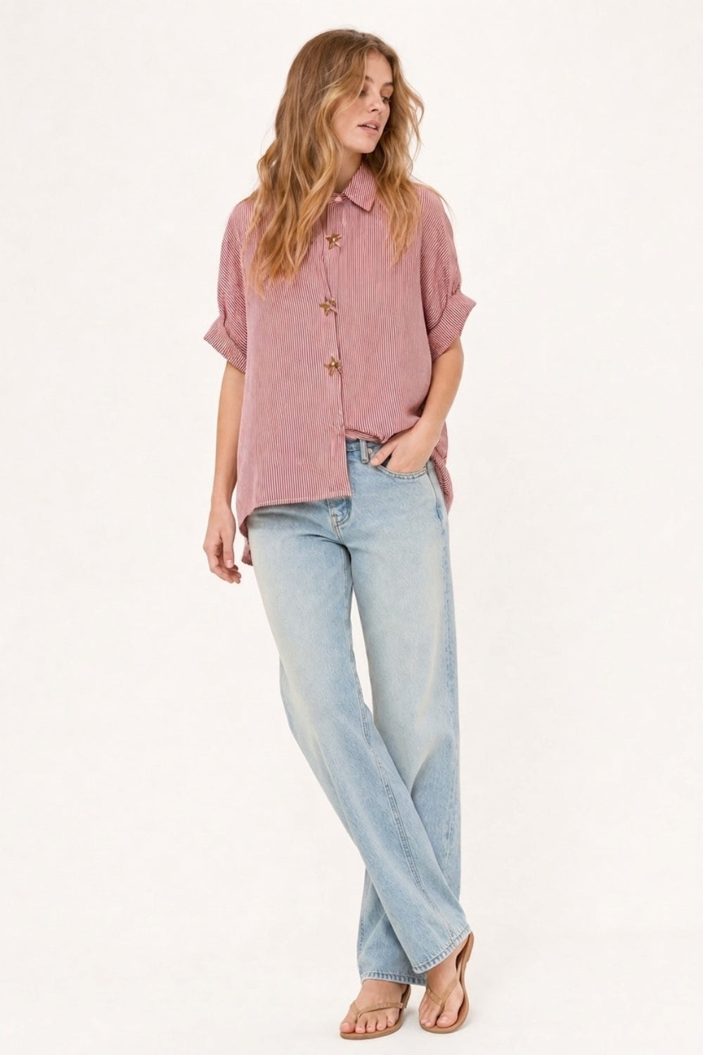 Pink Oversized Striped Poplin Shirt with Starfish Buttons