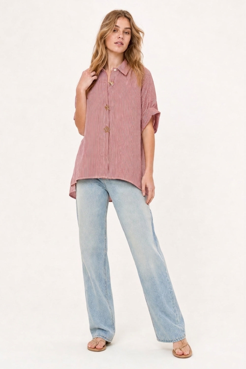 Pink Oversized Striped Poplin Shirt with Starfish Buttons