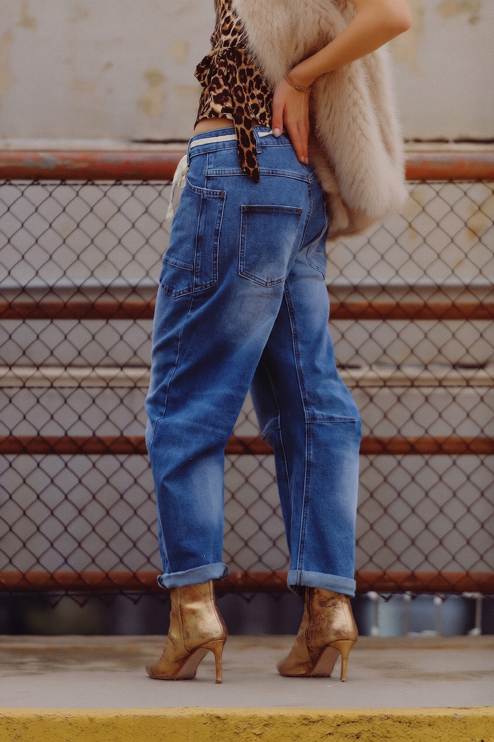 Blue Mid Wash ankle Wide Leg Jeans with Belt