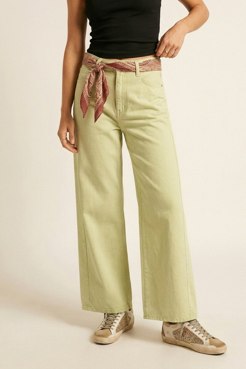 Extra Wide-Leg elastic Cotton Twill Pants in Mint green