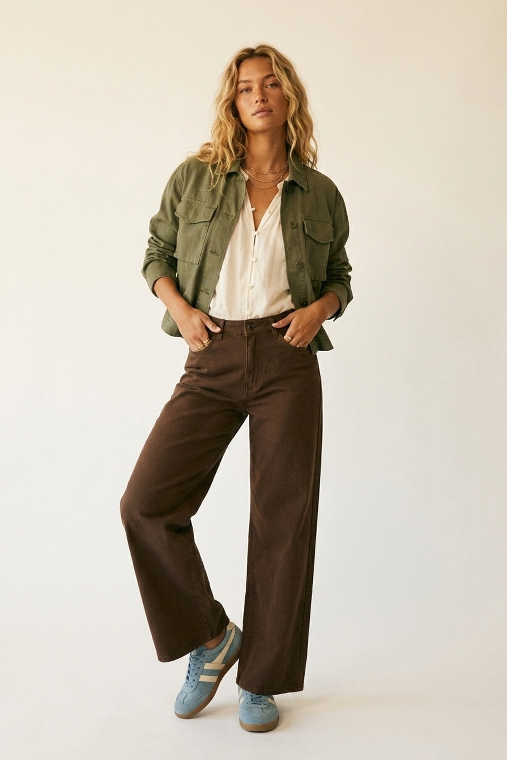 Brown Wide-Leg Pants with lightweight Twill