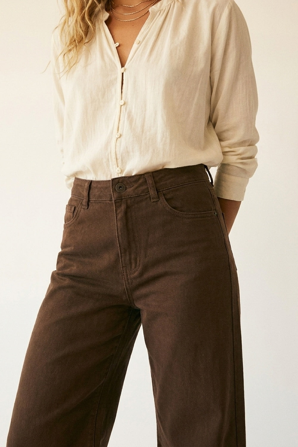 Brown Wide-Leg Pants with lightweight Twill
