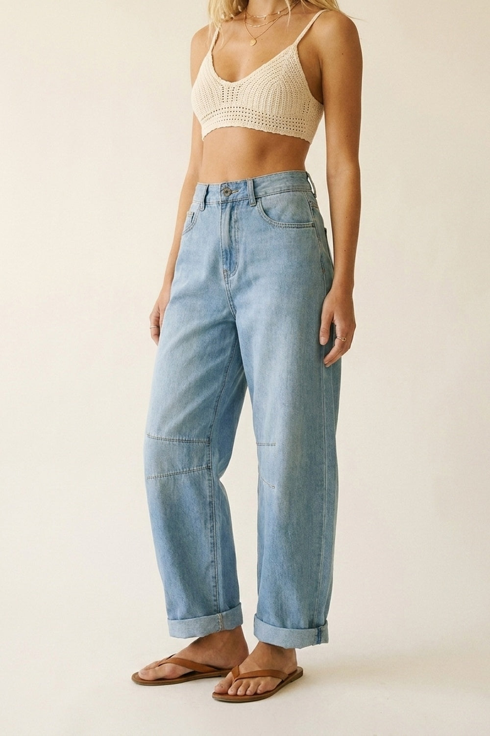 Light Wash Barrel Jeans With Knee Seam Detail