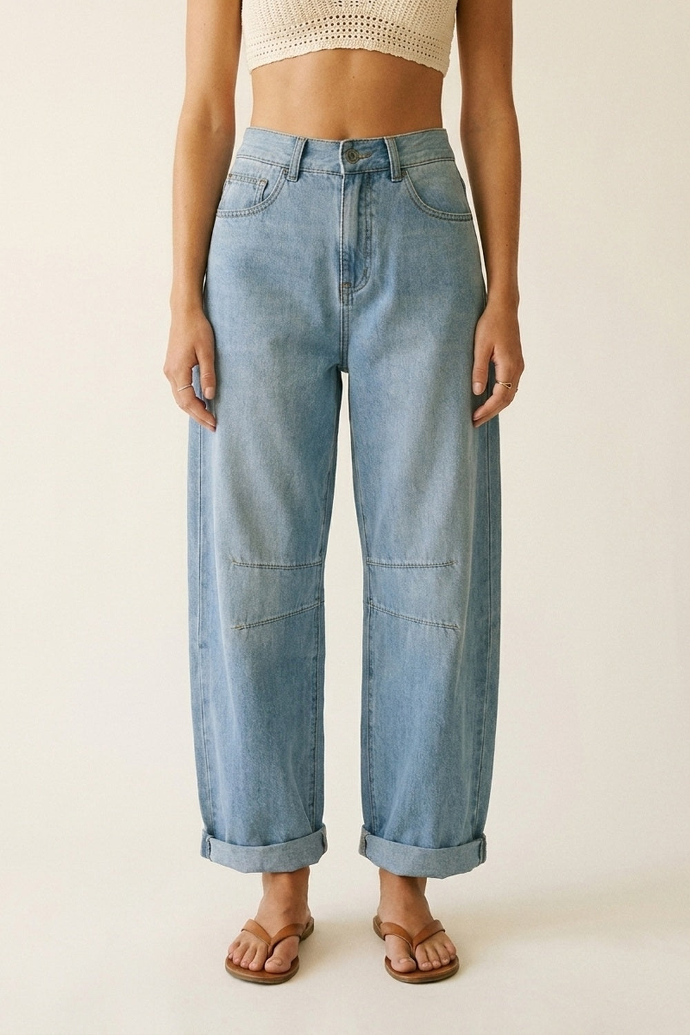 Light Wash Barrel Jeans With Knee Seam Detail