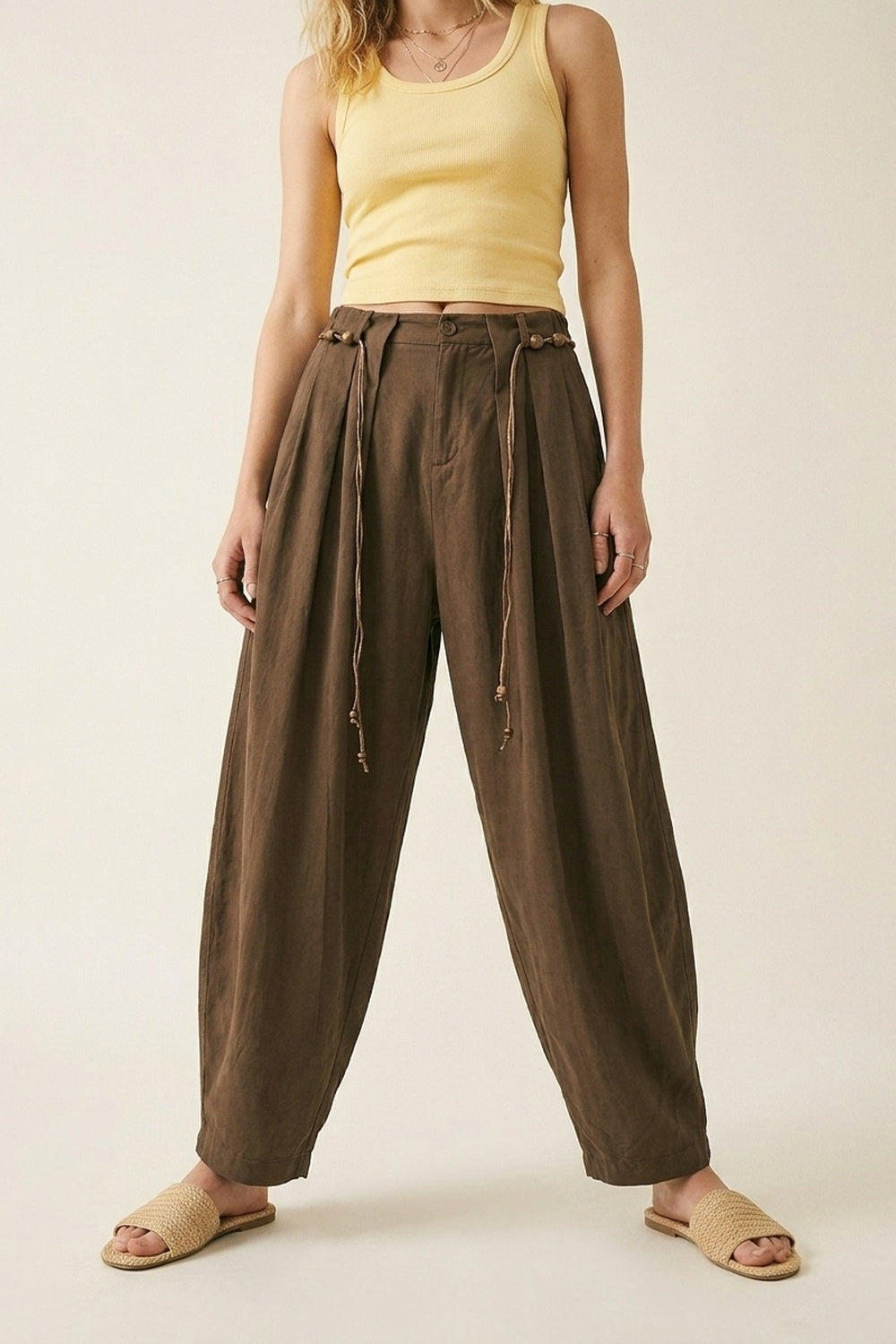 Brown Relaxed Fit Wide-Leg Drawstring Pants