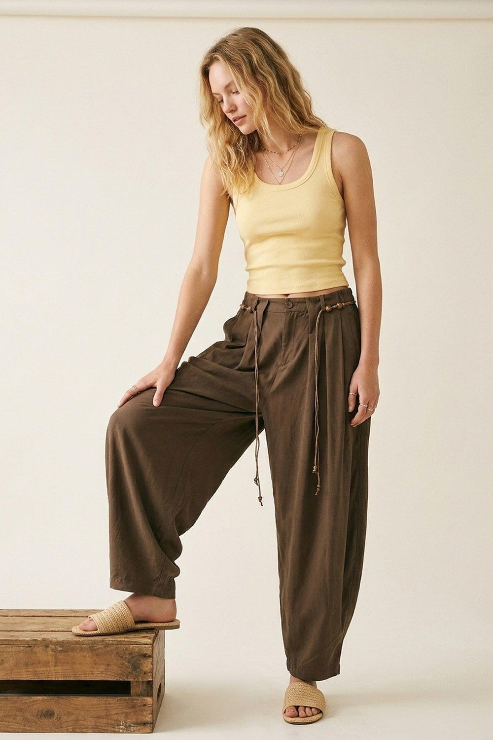 Brown Relaxed Fit Wide-Leg Drawstring Pants
