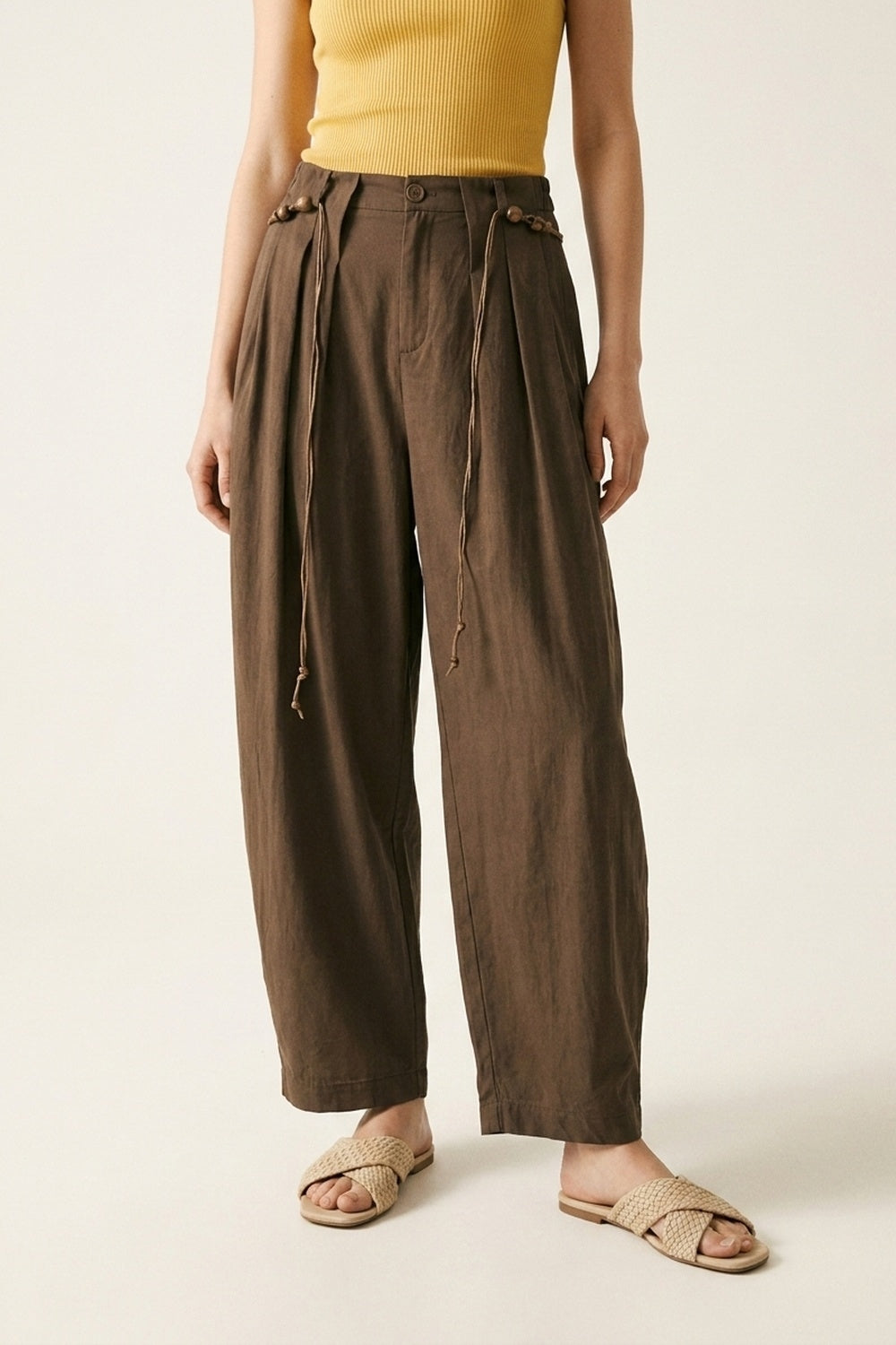 Brown Relaxed Fit Wide-Leg Drawstring Pants