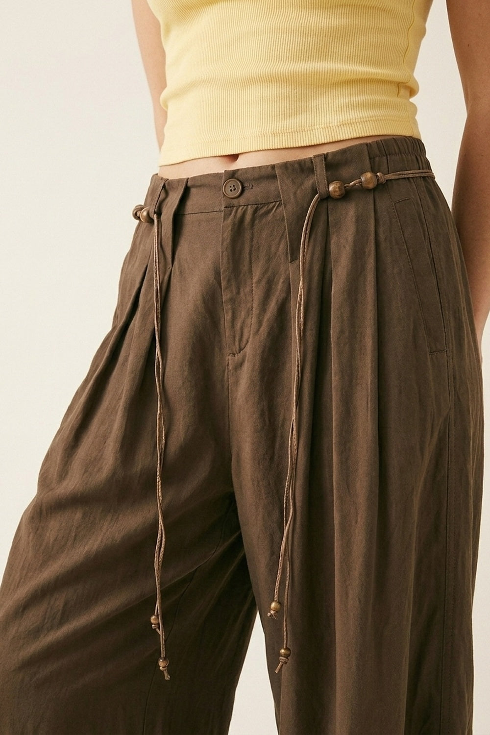 Brown Relaxed Fit Wide-Leg Drawstring Pants