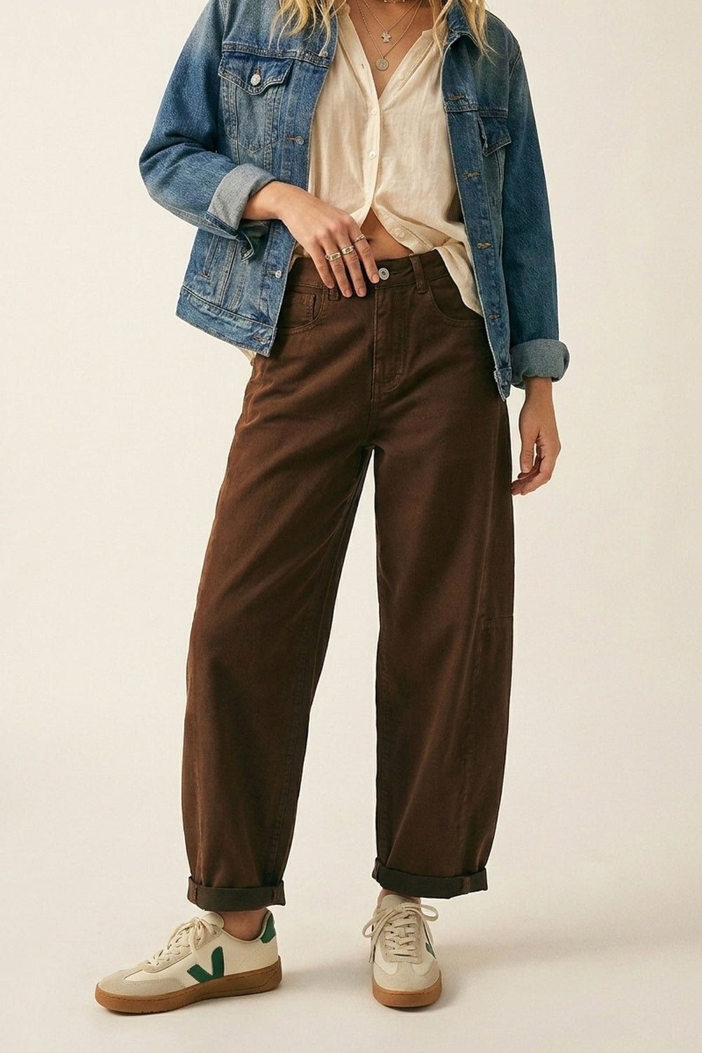 Brown Wide-Leg Barrel style Pants with Rolled Hems