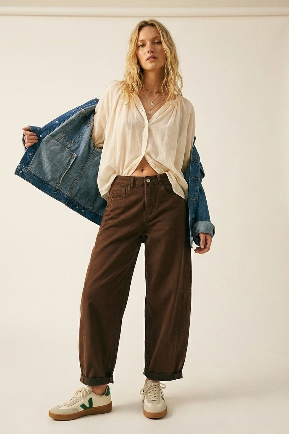 Brown Wide-Leg Barrel style Pants with Rolled Hems