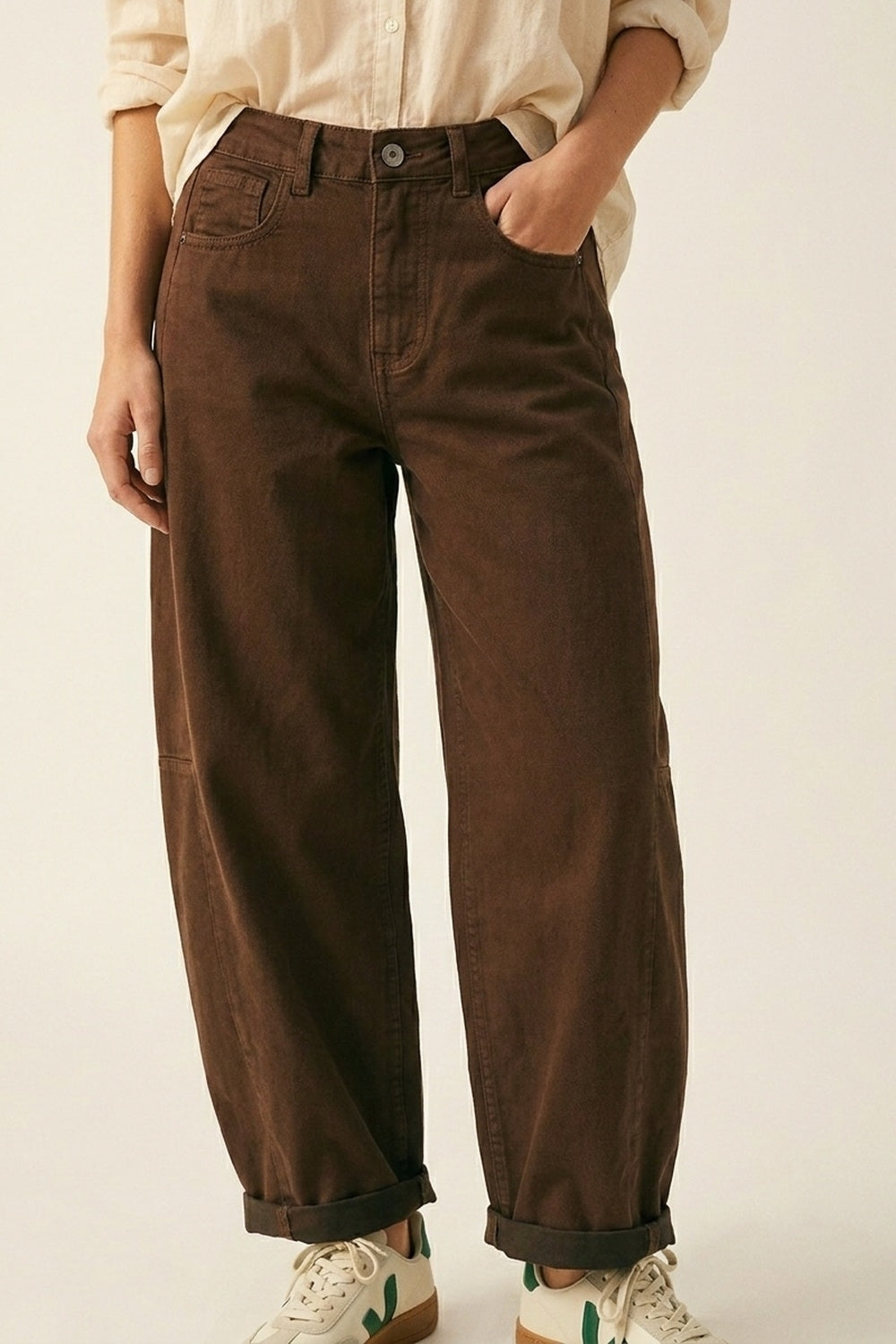 Brown Wide-Leg Barrel style Pants with Rolled Hems