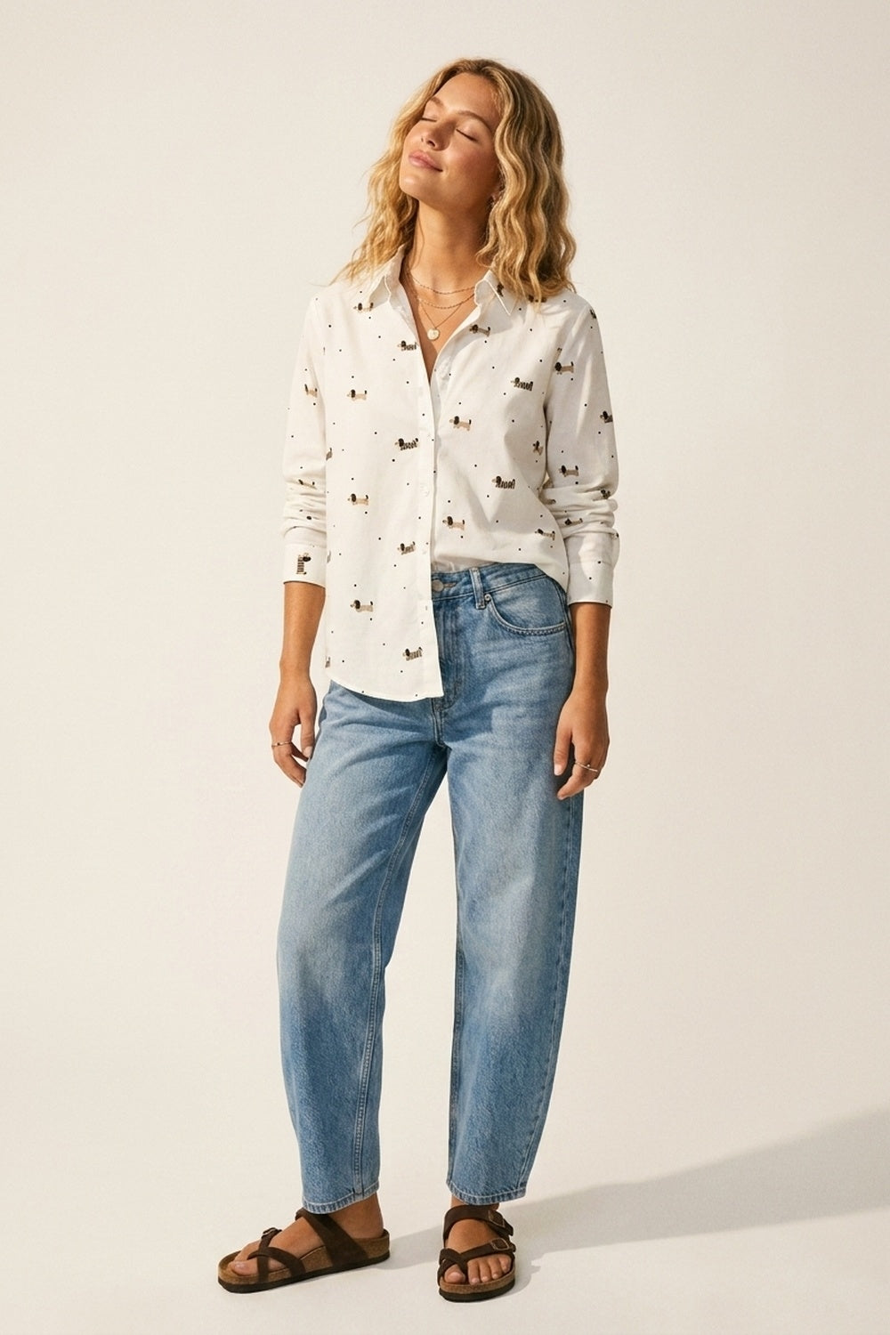White Button-Up Shirt with Playful Dog Print
