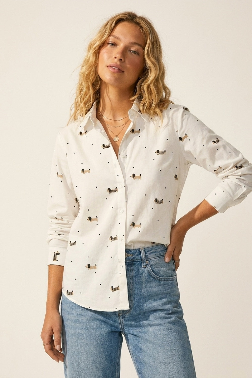White Button-Up Shirt with Playful Dog Print