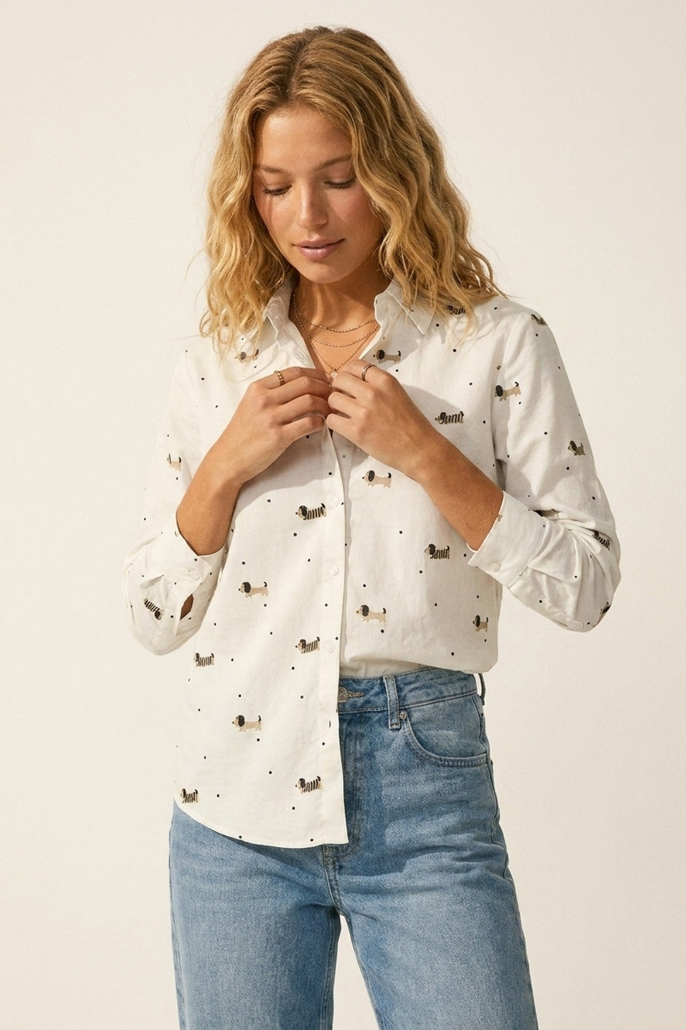 White Button-Up Shirt with Playful Dog Print