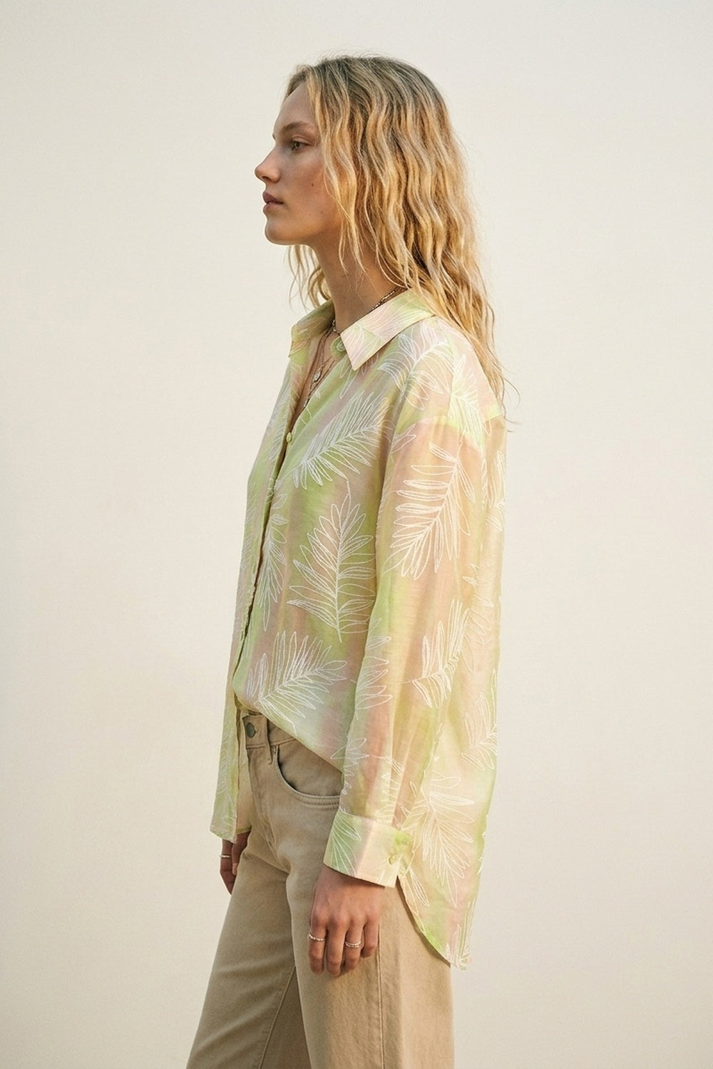 Green Sheer Leaf Print Button-Up Shirt with translucent fabric