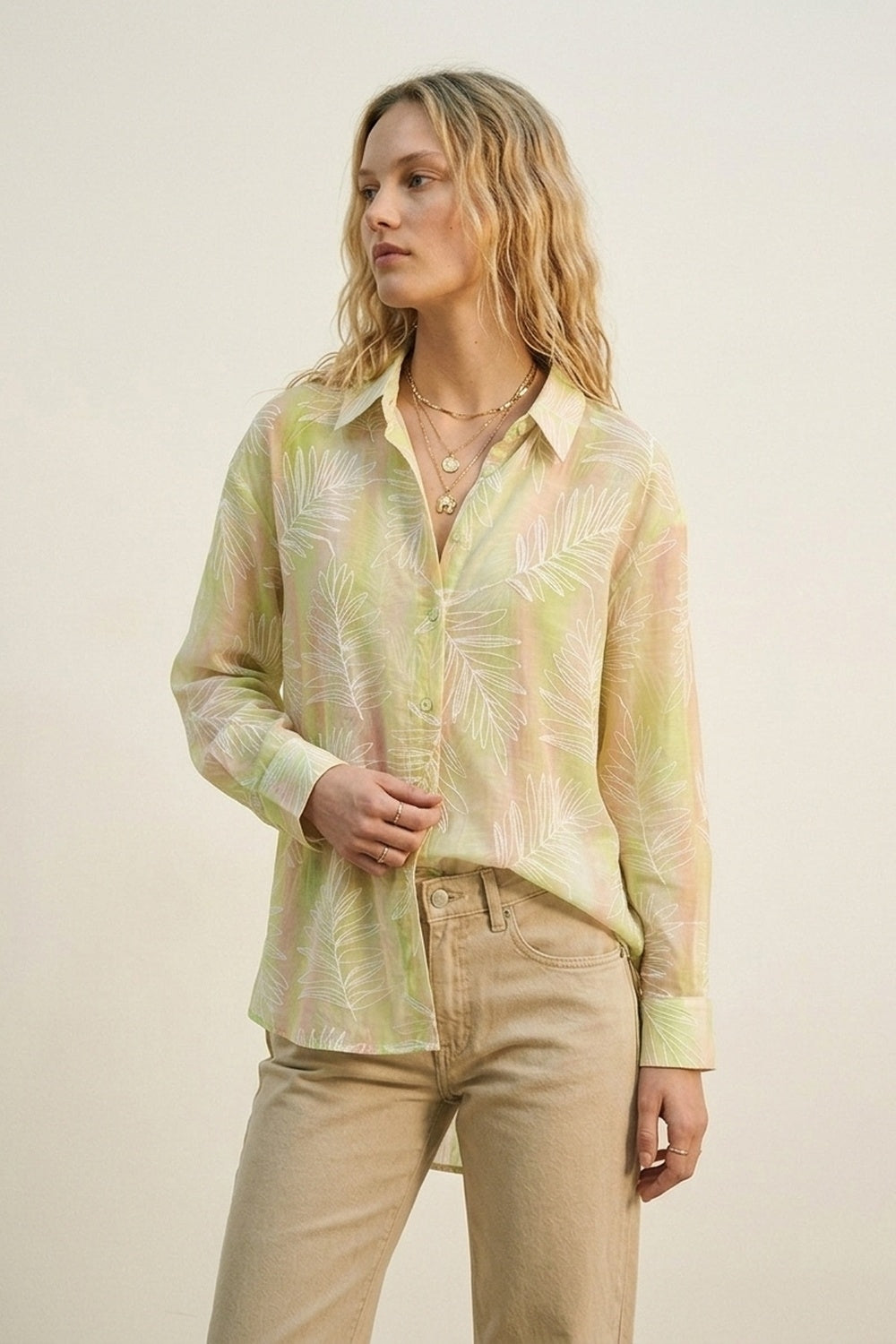 Green Sheer Leaf Print Button-Up Shirt with translucent fabric