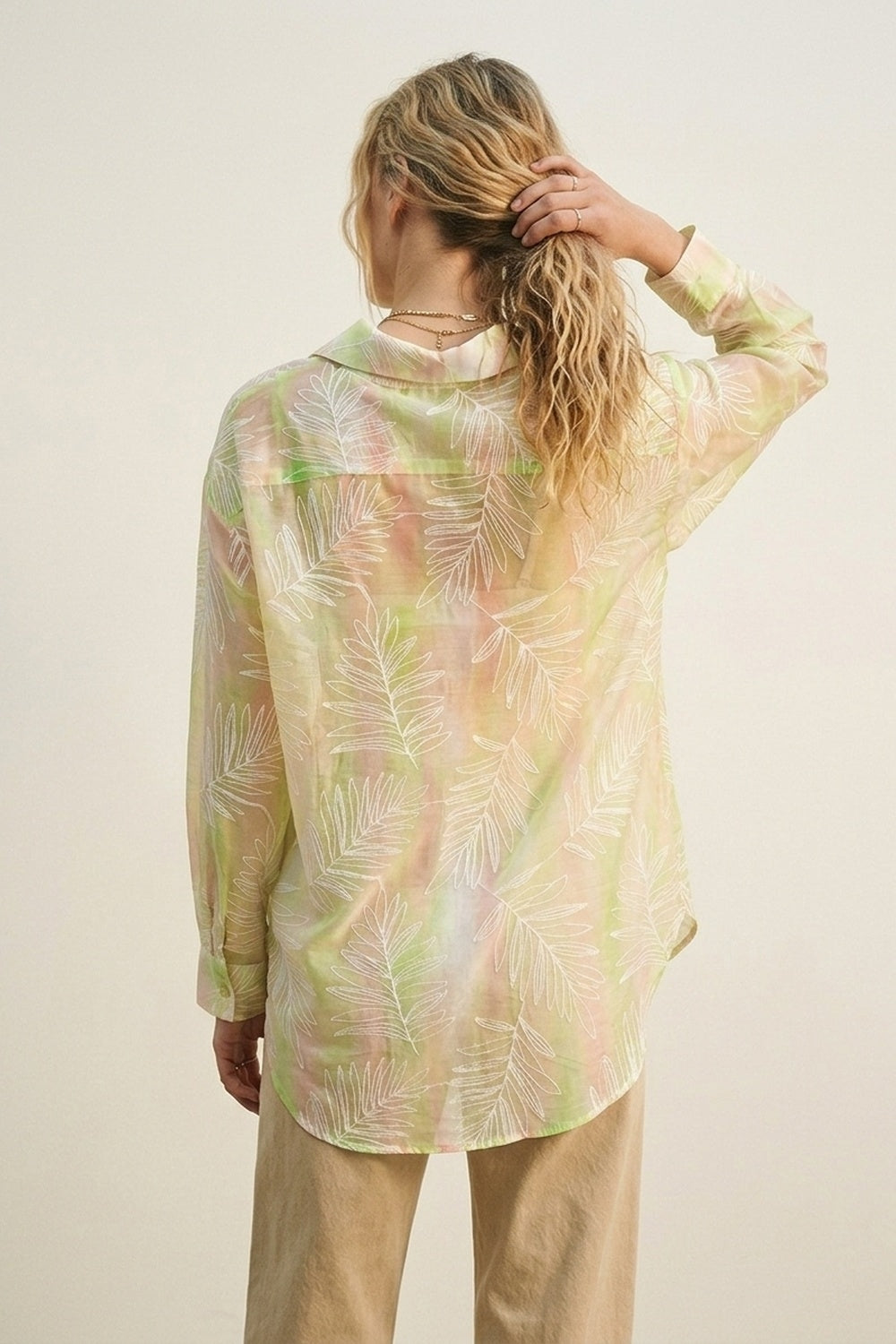 Green Sheer Leaf Print Button-Up Shirt with translucent fabric