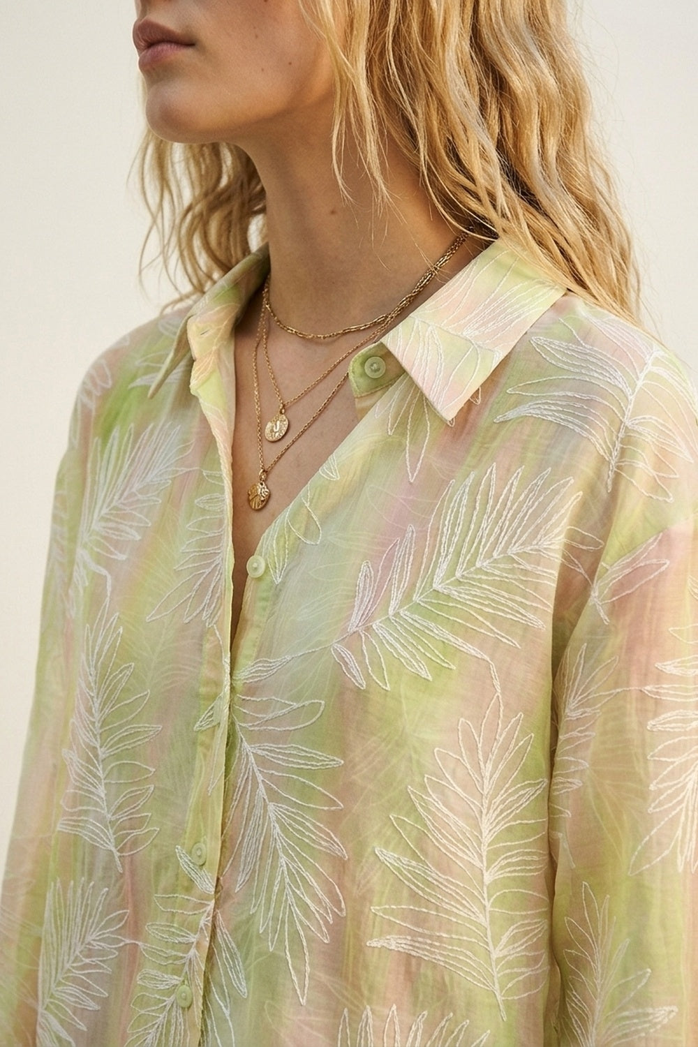 Green Sheer Leaf Print Button-Up Shirt with translucent fabric