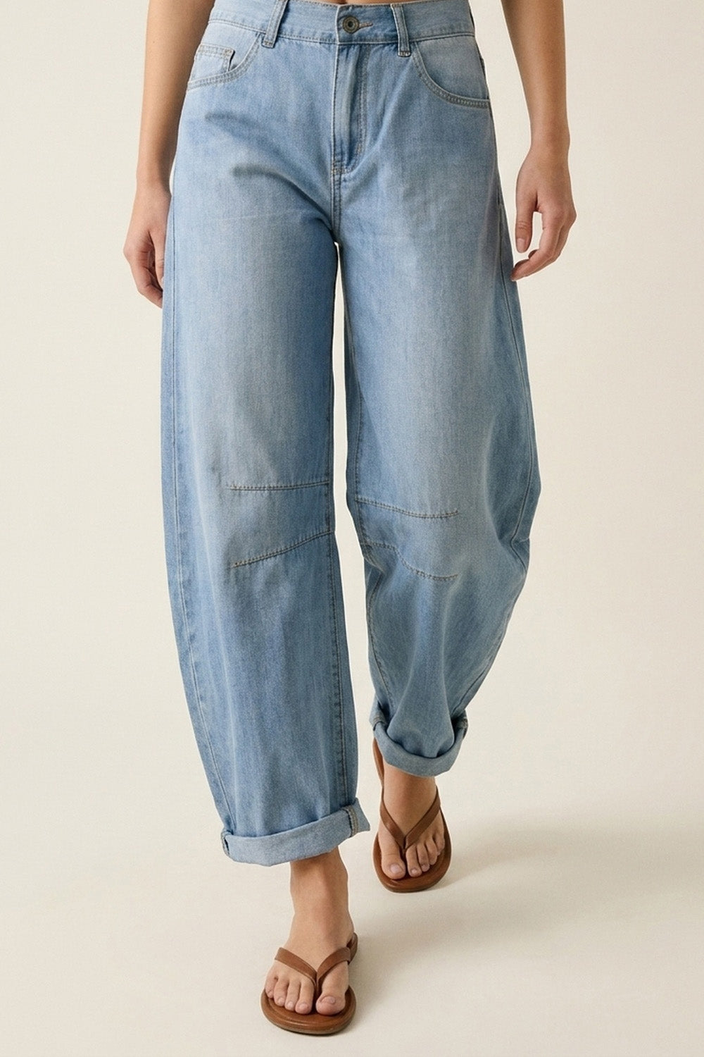 Light Wash Barrel Jeans With Knee Seam Detail